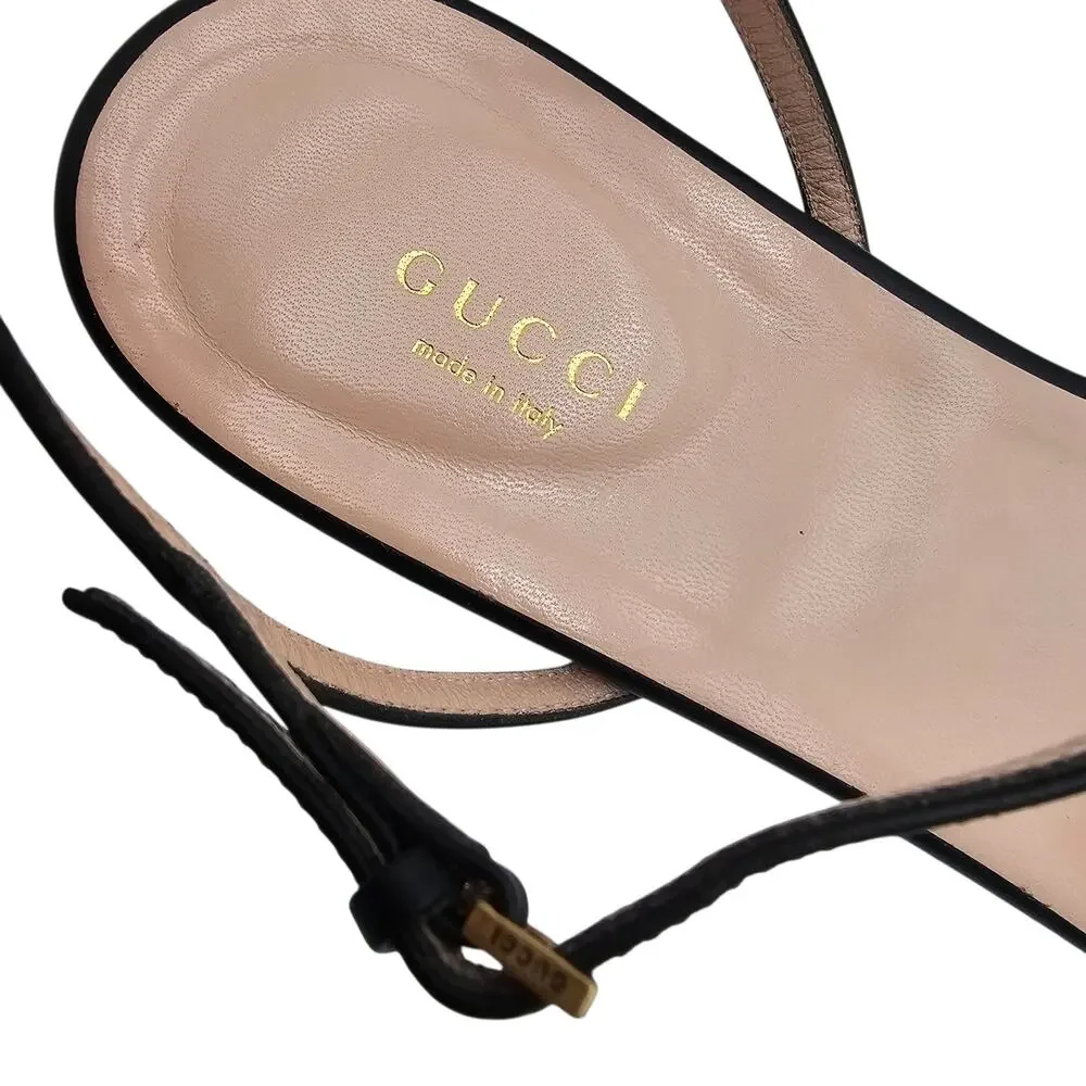 Gucci GG Marmont Flat Sandal Black Leather Ankle Strap Size 40.5 US 10.5
